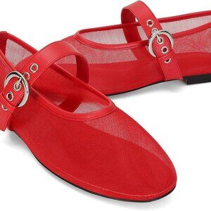 Red Mesh Mary Jane Ballet Flats Buckle Strap Shoes Size 7 - Like New
